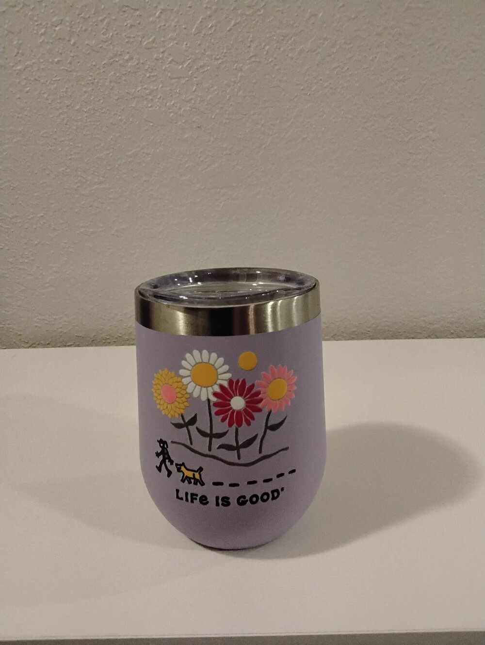 Life Is Good Lavender Floral Wine Tumbler with Multicolor Flowers